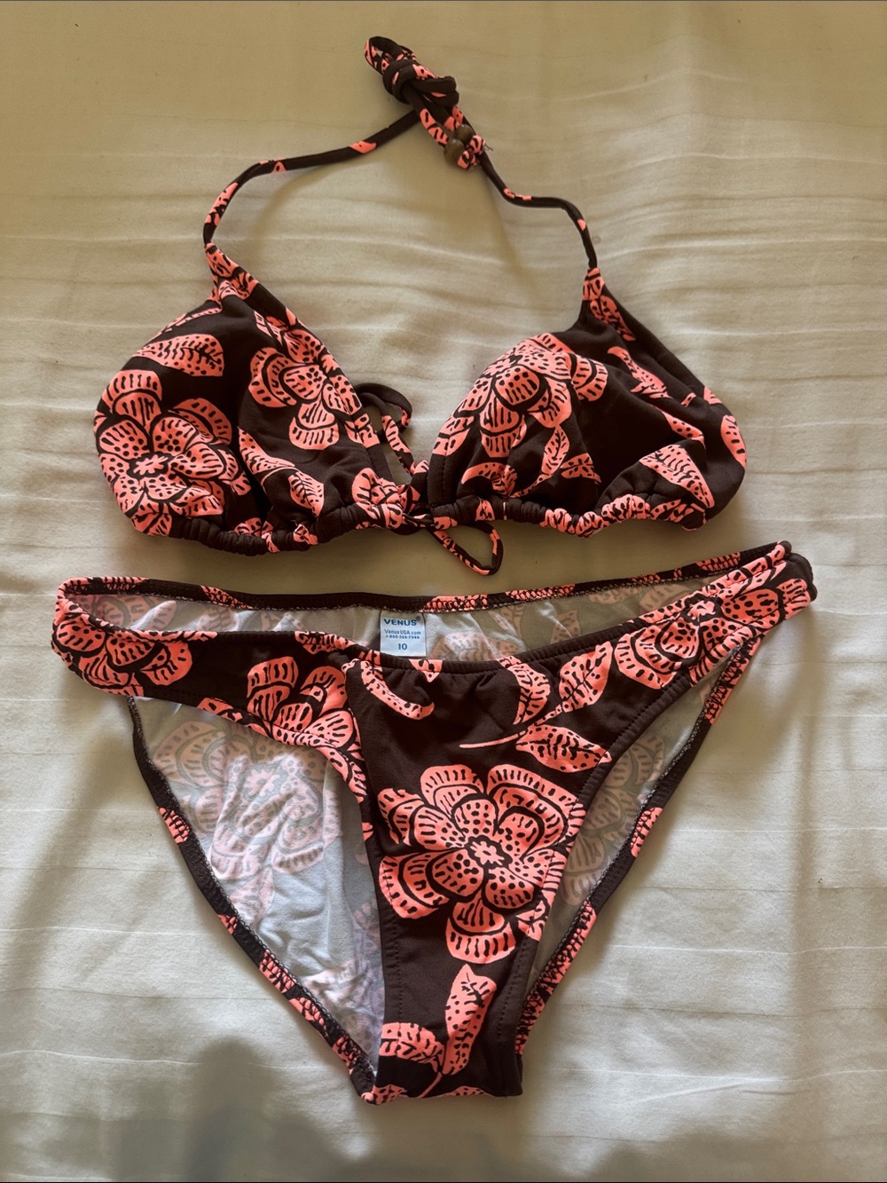 VENUS Brown Bikini Set with Coral Floral Print - Bottom size 10 Top size D